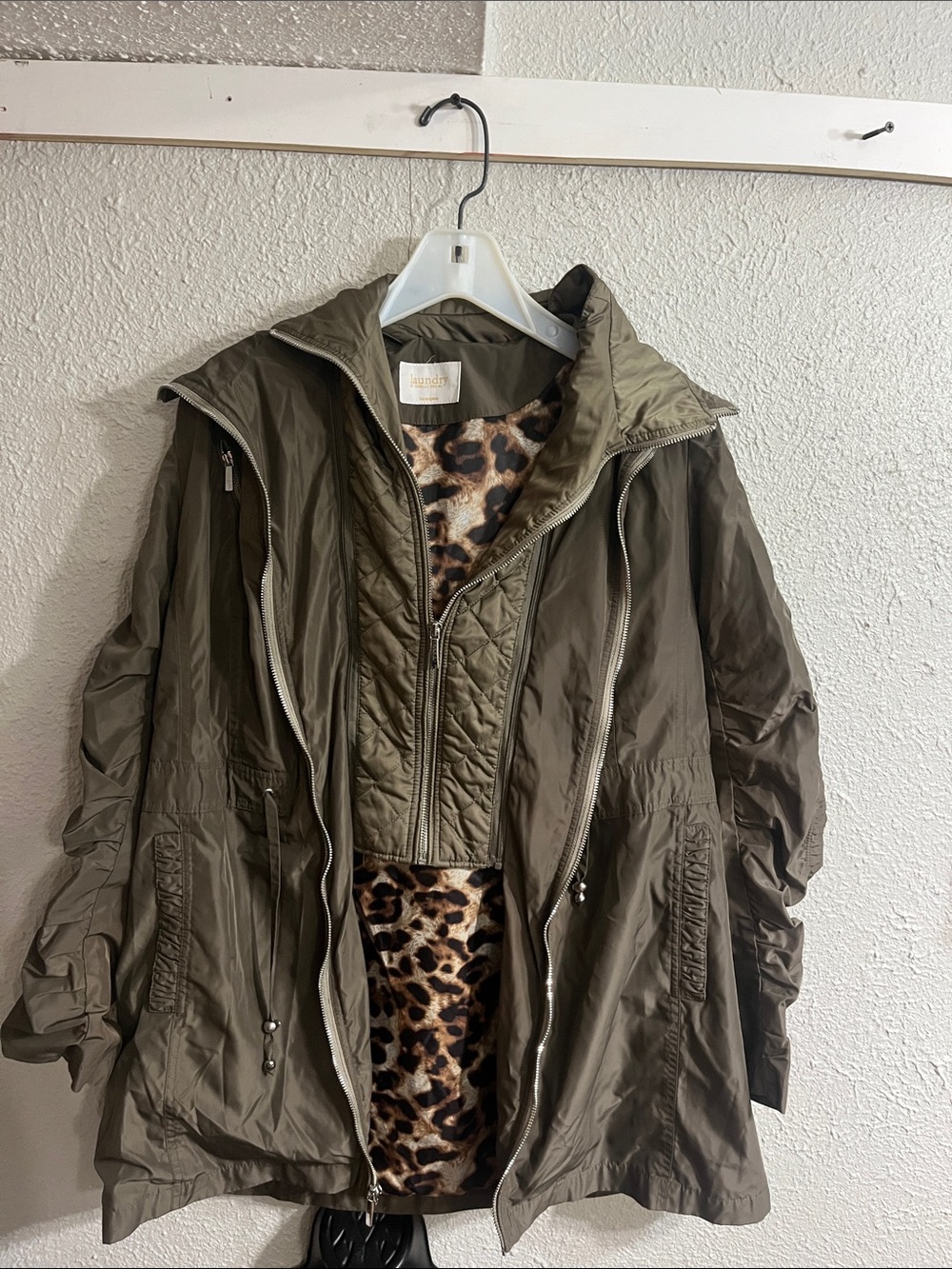 Laundry By Shelli Segal Olive Green Utility Jacket with Leopard Liner